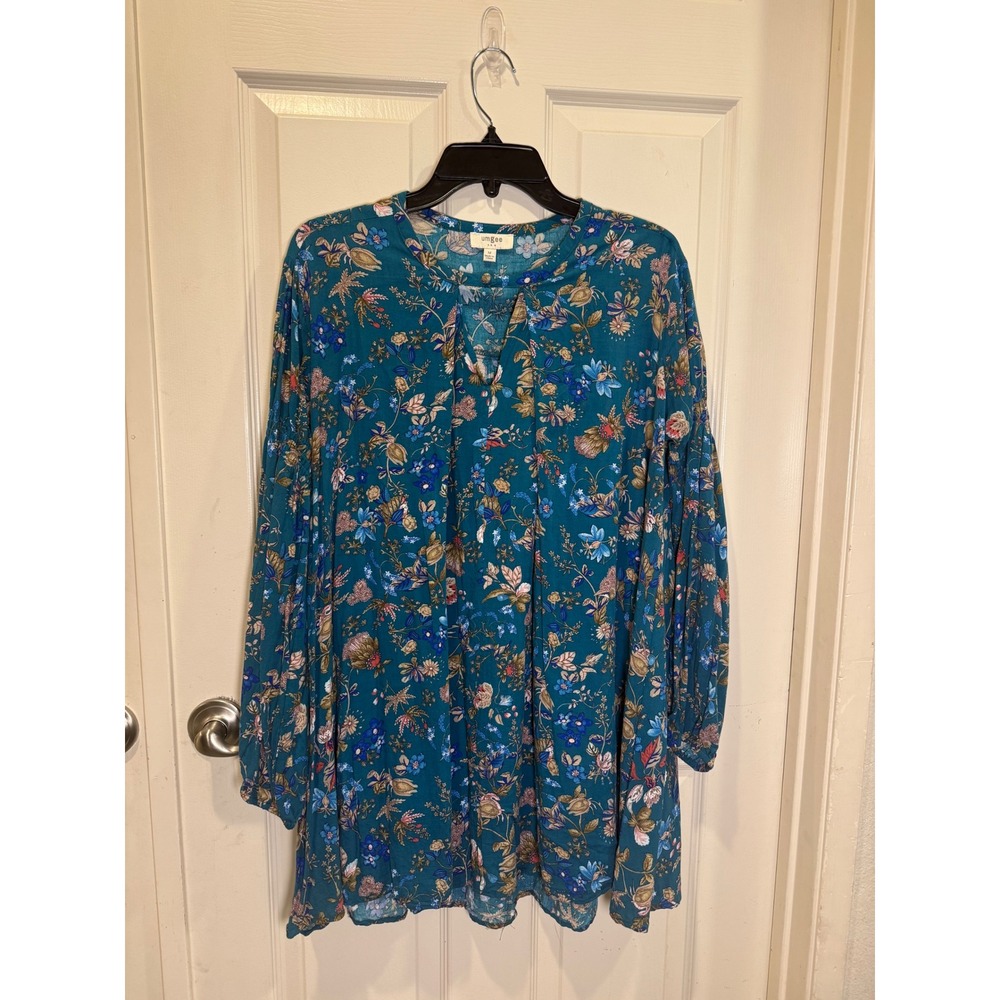 Umgee USA Teal Floral Balloon Sleeve Tunic Top Smocked Detail Size Medium A2067